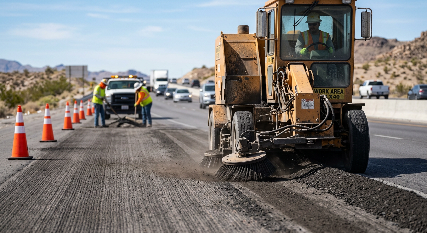 Photorealistic ground-level view of an unbranded mechanical broom sweeper collecting asphalt millings along a freshly mill...