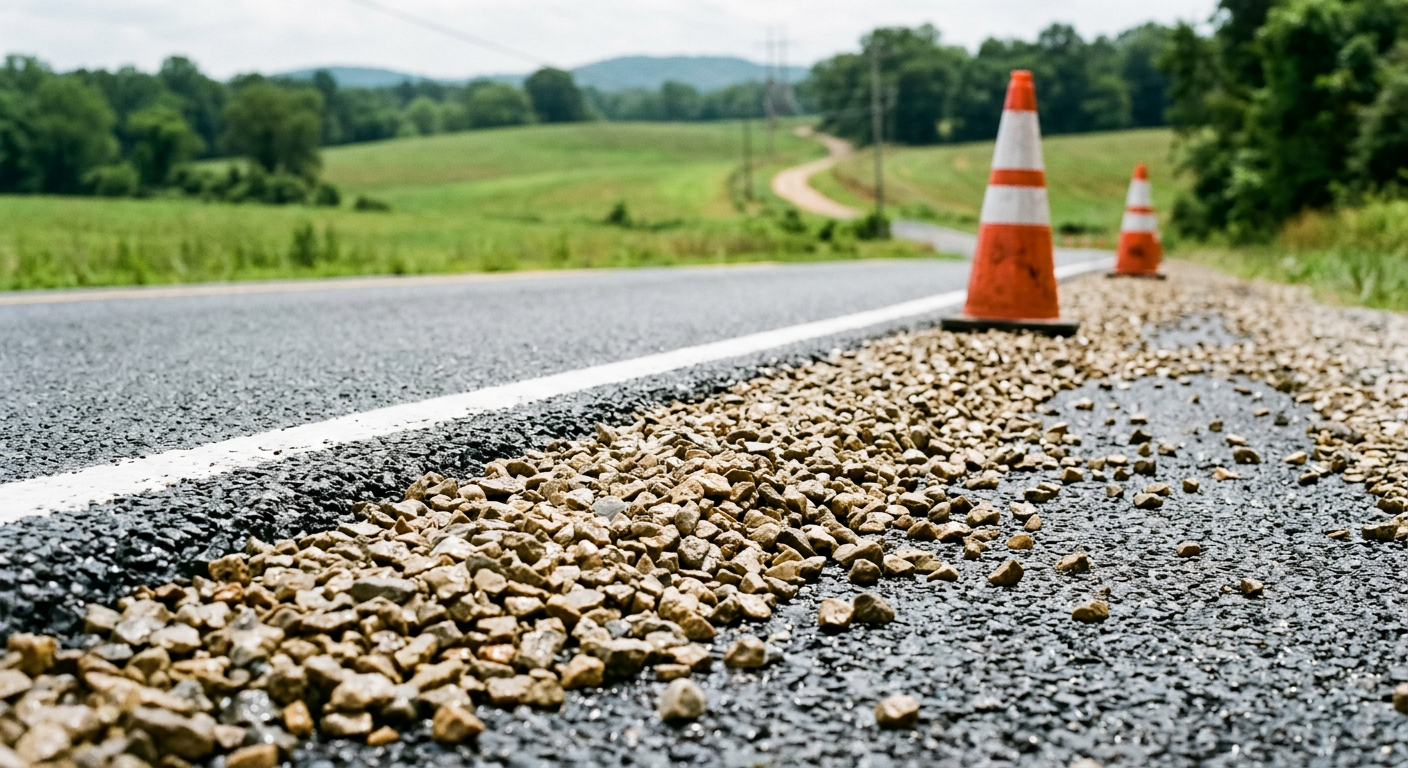 Photorealistic close-up of clean loose aggregate gathered along the edge of a newly chip-sealed roadway in South Carolina,...