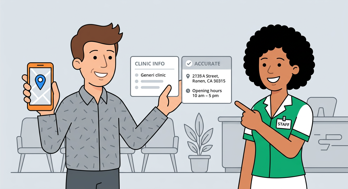 Playful flat cartoon illustration of a patient holding a phone with a map pin, comparing two clean white clinic informatio...