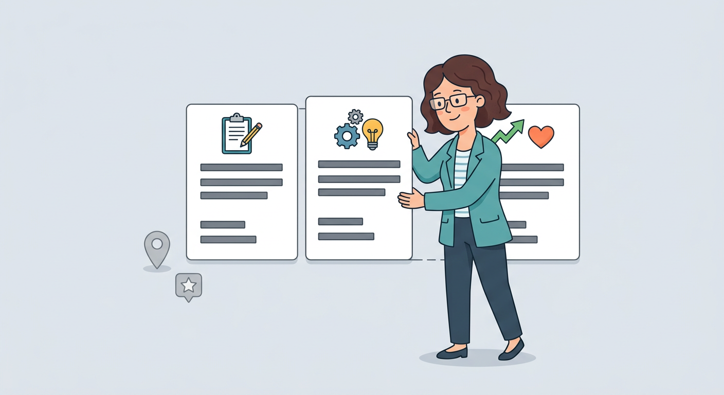 Playful flat cartoon illustration of a healthcare practice owner arranging three connected white content cards labeled wit...