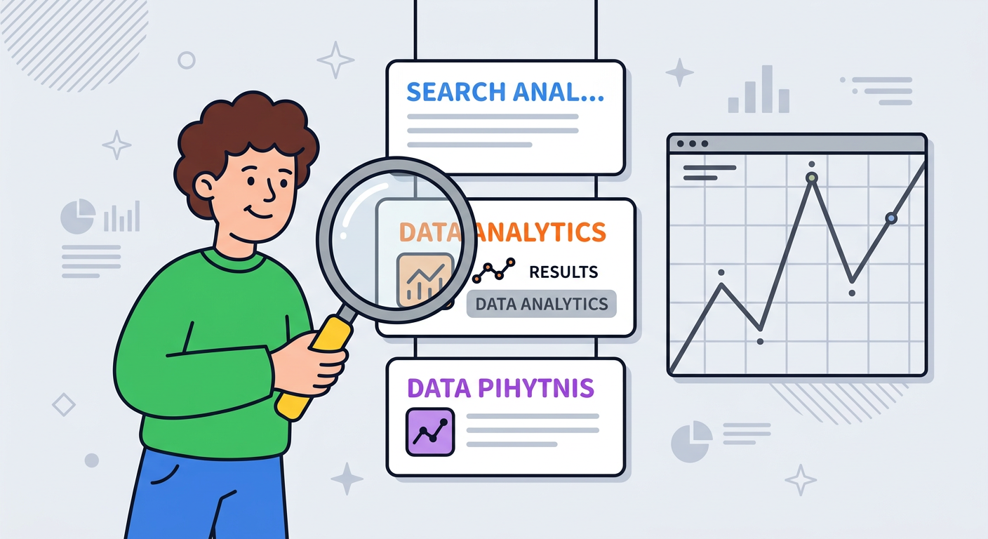Playful flat cartoon illustration of one person examining three white search-result cards with a magnifying glass, while a...