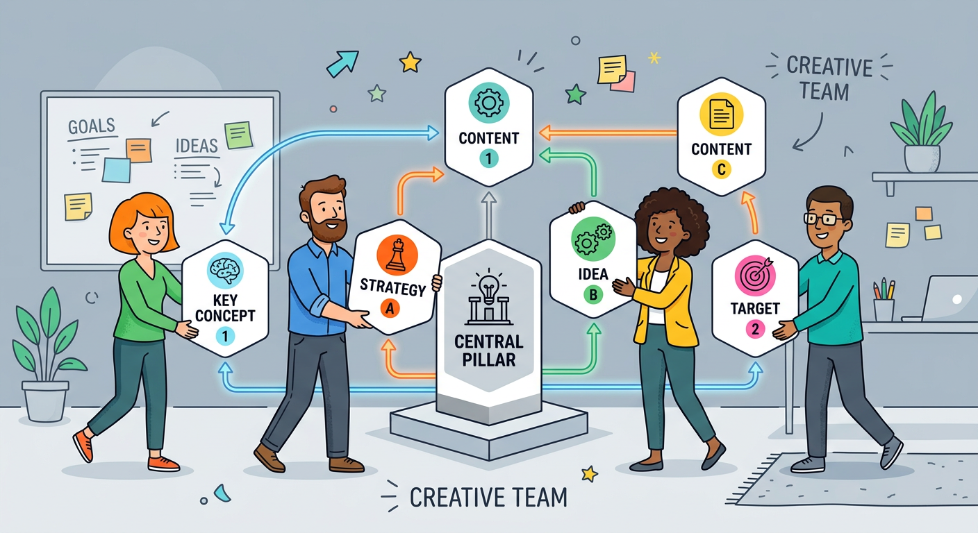 Playful flat cartoon illustration of a small team placing connected white content cards into a neat topic cluster around o...