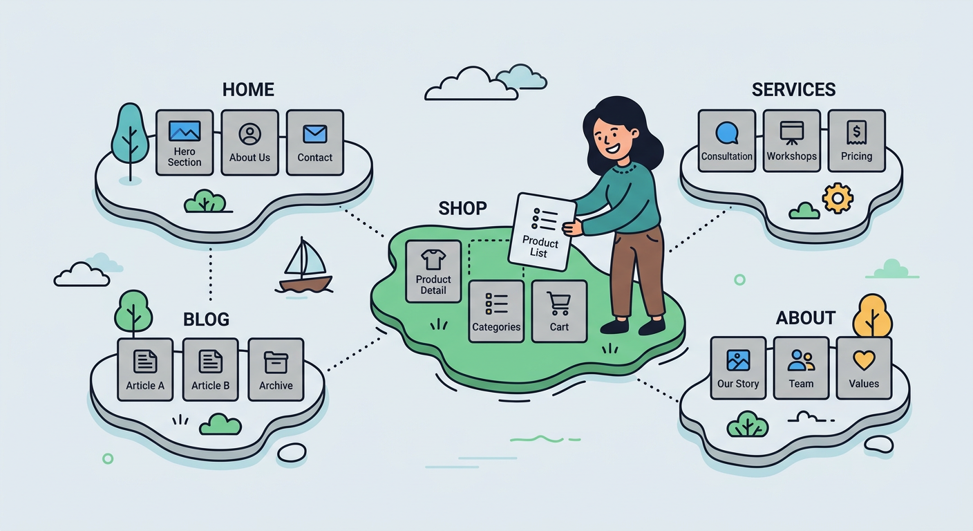 Playful flat cartoon illustration of a website content map shaped like connected islands, with a small business owner plac...