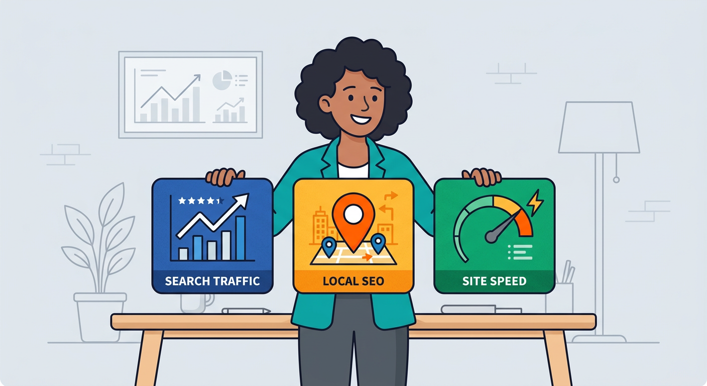 Playful flat cartoon illustration of a business owner choosing between a small set of clearly organized SEO tool cards, wi...