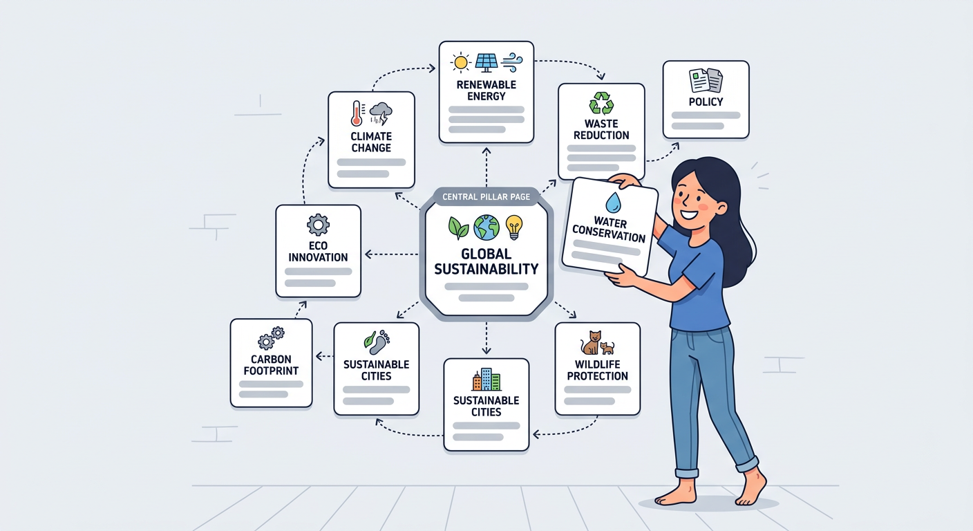 Playful flat cartoon illustration of one person organizing white content cards into a connected topic cluster around a cen...