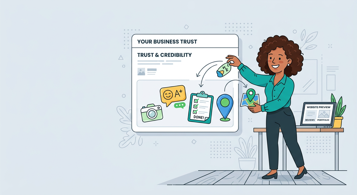 Playful flat cartoon illustration of a business owner placing unique proof items, including a small camera icon, customer ...