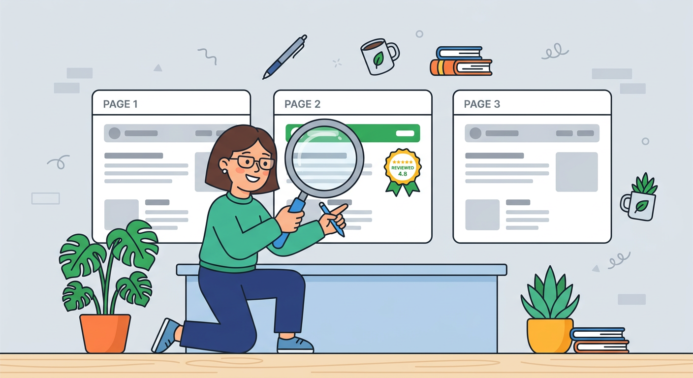 Playful flat cartoon illustration of a friendly editor using a magnifying glass to compare three white webpage cards, with...