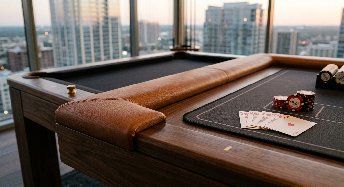 Luxury Poker Pool Table Buying Guide for Dallas Estate Homes | Luxury Custom Pool Tables | Brilliant Billiards Photorealistic close architectural detail of a luxury pool table poker table combo in a Dallas penthouse game room. Focus ...