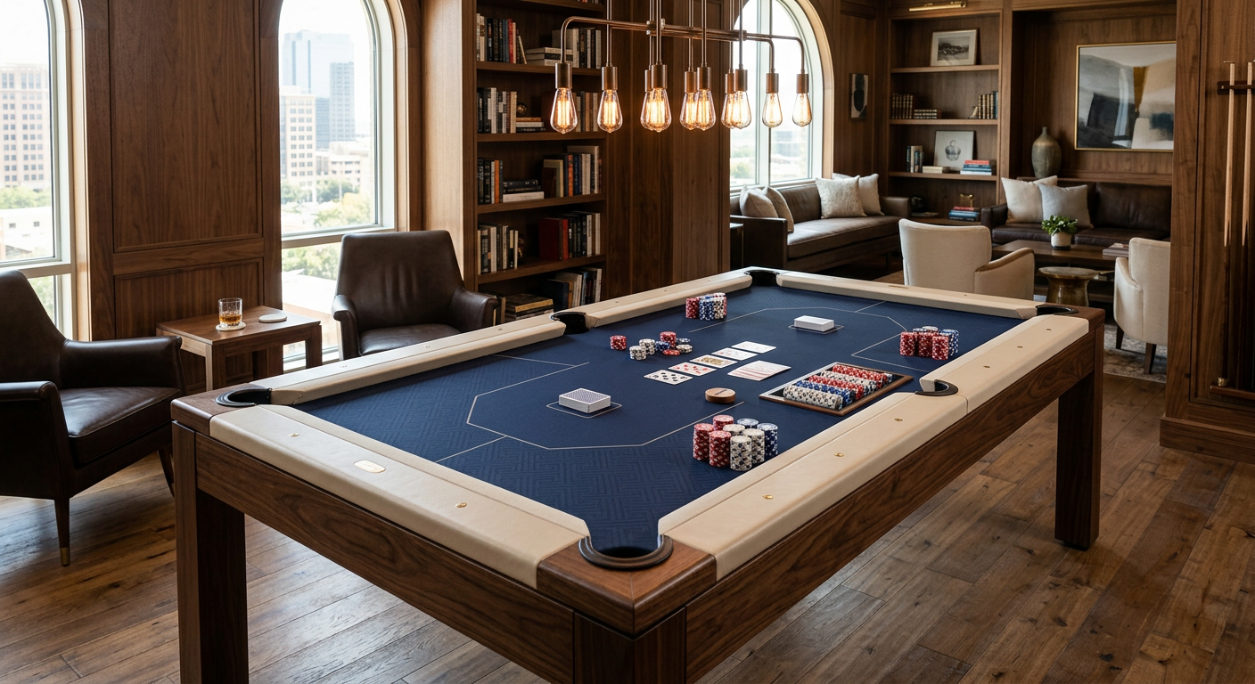 Luxury Poker Pool Table Buying Guide for Dallas Estate Homes | Luxury Custom Pool Tables | Brilliant Billiards Photorealistic architectural interior photograph of a single premium rectangular six-pocket pool table viewed at a slight ...