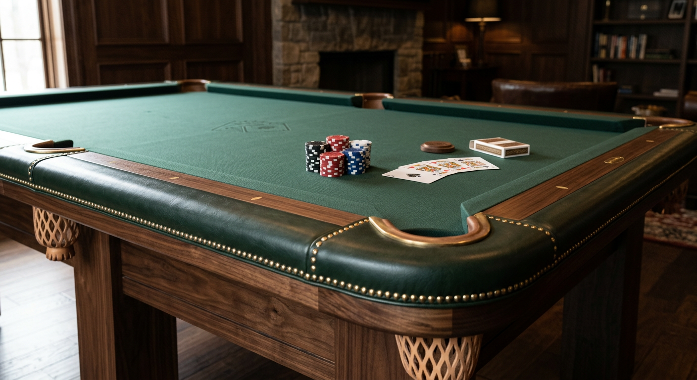 Dual-Purpose Pool Table and Poker Table Benefits for Estates | Luxury Custom Pool Tables | Brilliant Billiards Photorealistic close-up luxury interior photography of a handcrafted rectangular six-pocket pool table transitioning to po...
