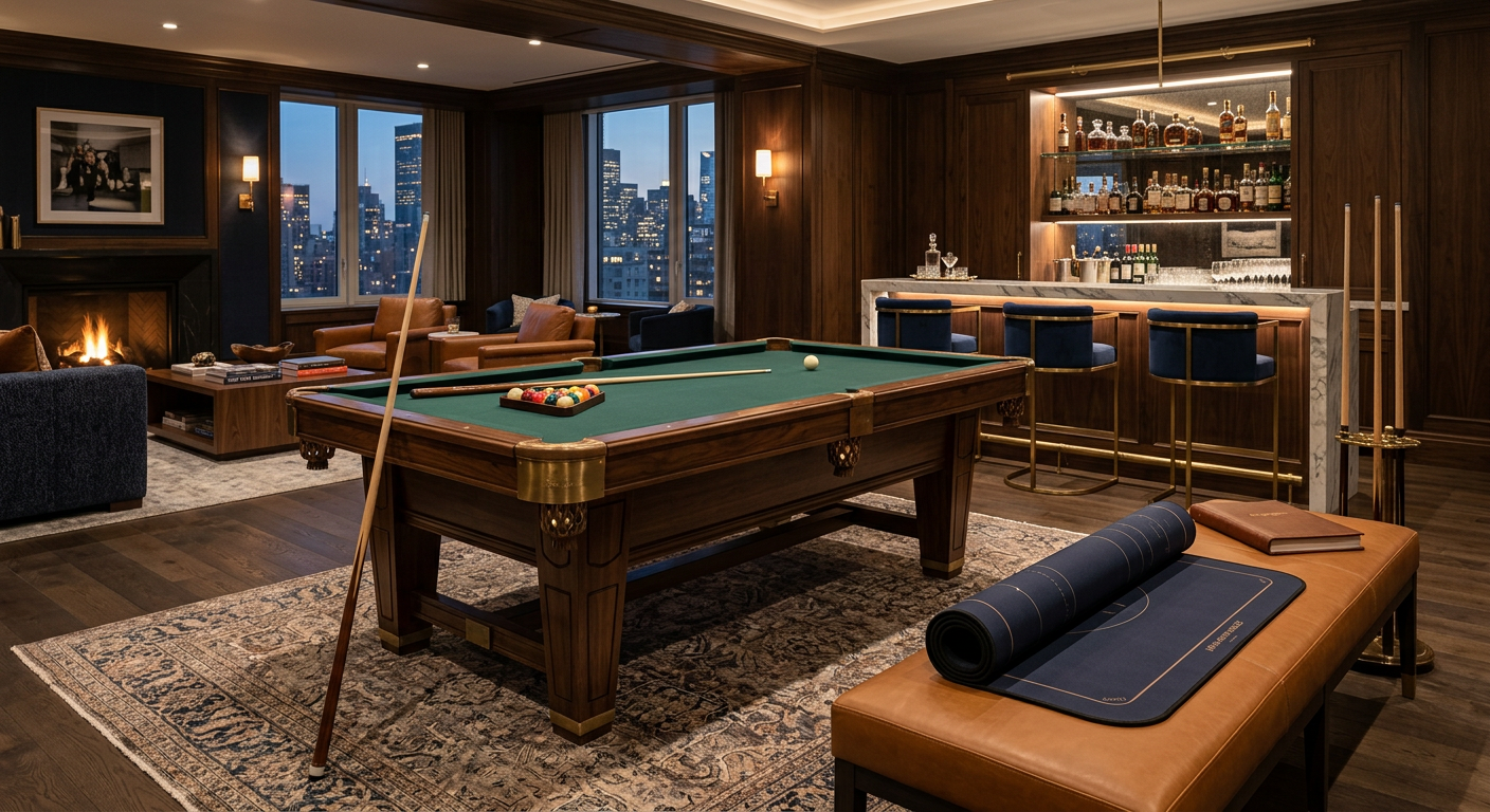 Best Pool Table Poker Table Combo for New York Luxury Homes | Luxury Custom Pool Tables | Brilliant Billiards Photorealistic luxury estate entertaining room in New York with one rectangular six-pocket pool table restored for billiar...
