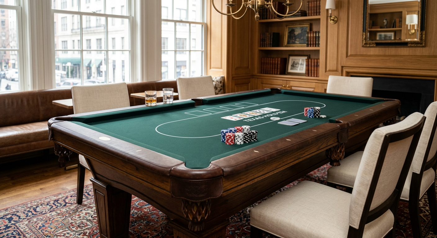 Best Pool Table Poker Table Combo for New York Luxury Homes | Luxury Custom Pool Tables | Brilliant Billiards Photorealistic close three-quarter view of a premium rectangular six-pocket pool table in a refined New York townhouse lou...