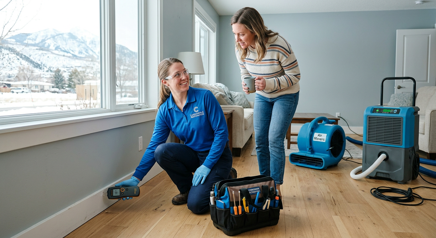 Flood Cleanup Carbondale: Safer Recovery for Homes and Rentals | Water Damage Cleanup & Restoration Company in Aspen | Helpers Photorealistic restoration technician using a moisture meter on a baseboard in a bright Carbondale rental property, air mo...