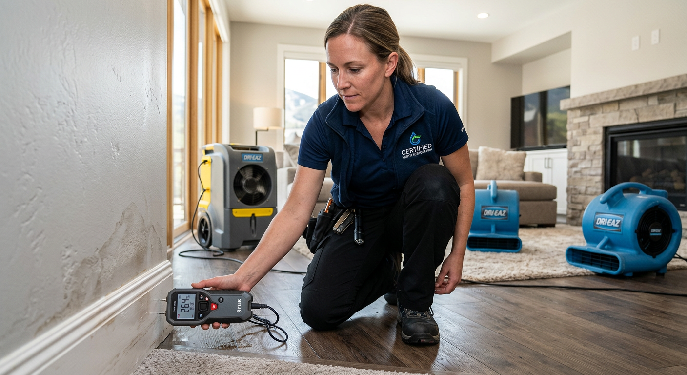 Photorealistic close-up of a certified water restoration technician using a moisture meter along a baseboard in a modern S...