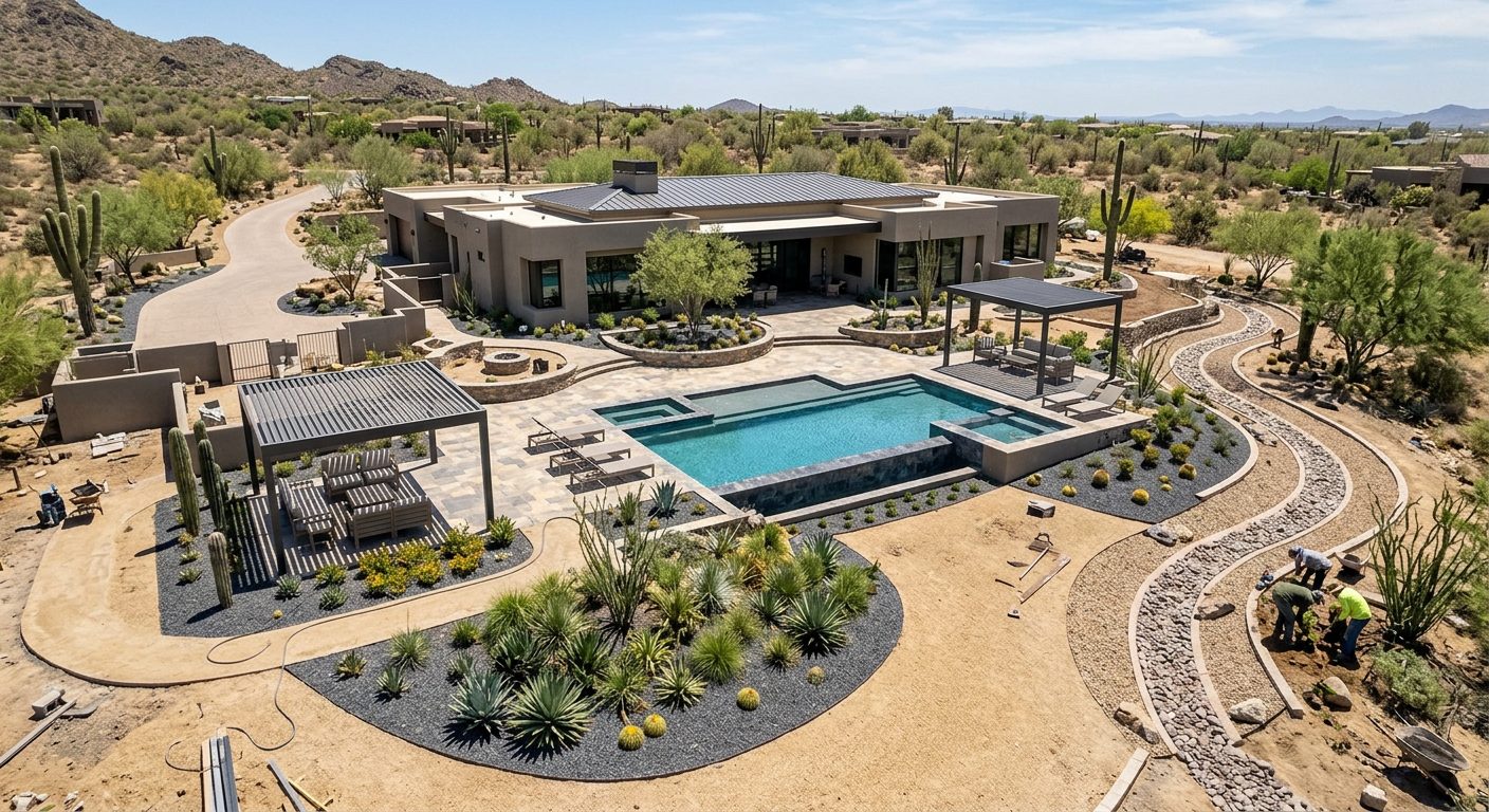 Photorealistic aerial view of a custom Arizona home landscape plan taking shape, showing preserved mature desert trees, cu...