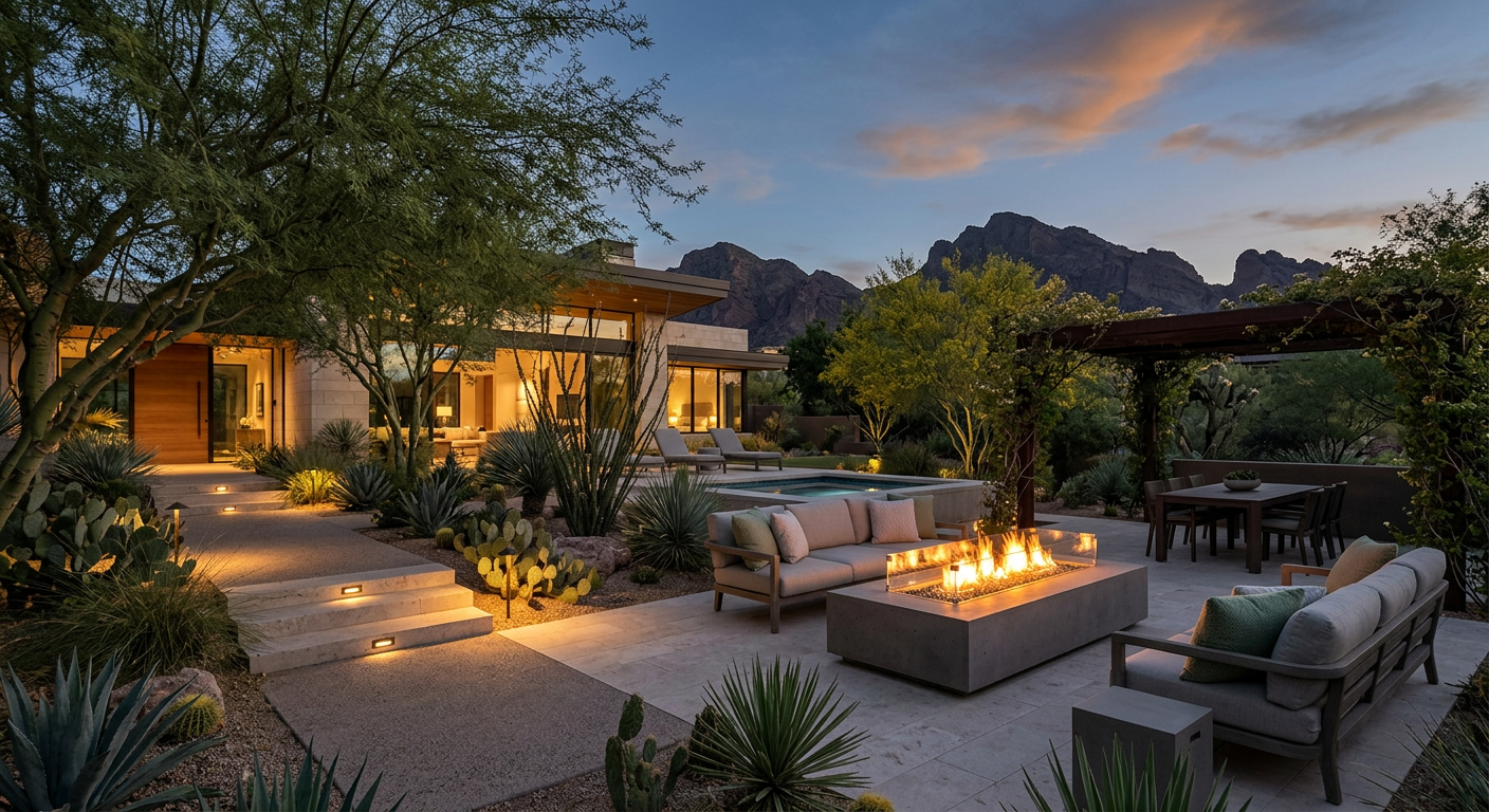 Photorealistic twilight scene of an elegant Paradise Valley outdoor living space with native desert planting, mature shade...
