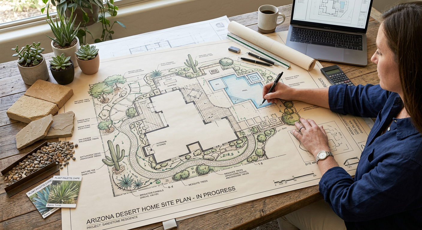 When to Hire a Landscape Architect for an Arizona Home | Luxury Landscape Architecture Scottsdale & Phoenix | Waibel & Associates Photorealistic overhead view of an Arizona custom home site plan in progress, with a landscape architect reviewing layered...
