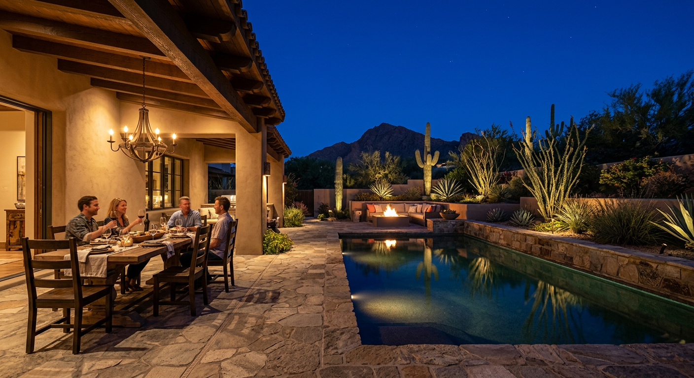 When to Hire a Landscape Architect for an Arizona Home | Luxury Landscape Architecture Scottsdale & Phoenix | Waibel & Associates Photorealistic evening scene of a refined Scottsdale outdoor living space with a covered dining terrace, subtle landscape ...