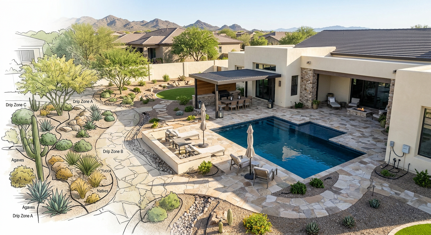 Photorealistic overhead view of an Arizona custom-home landscape plan becoming a finished outdoor setting, showing a pool ...
