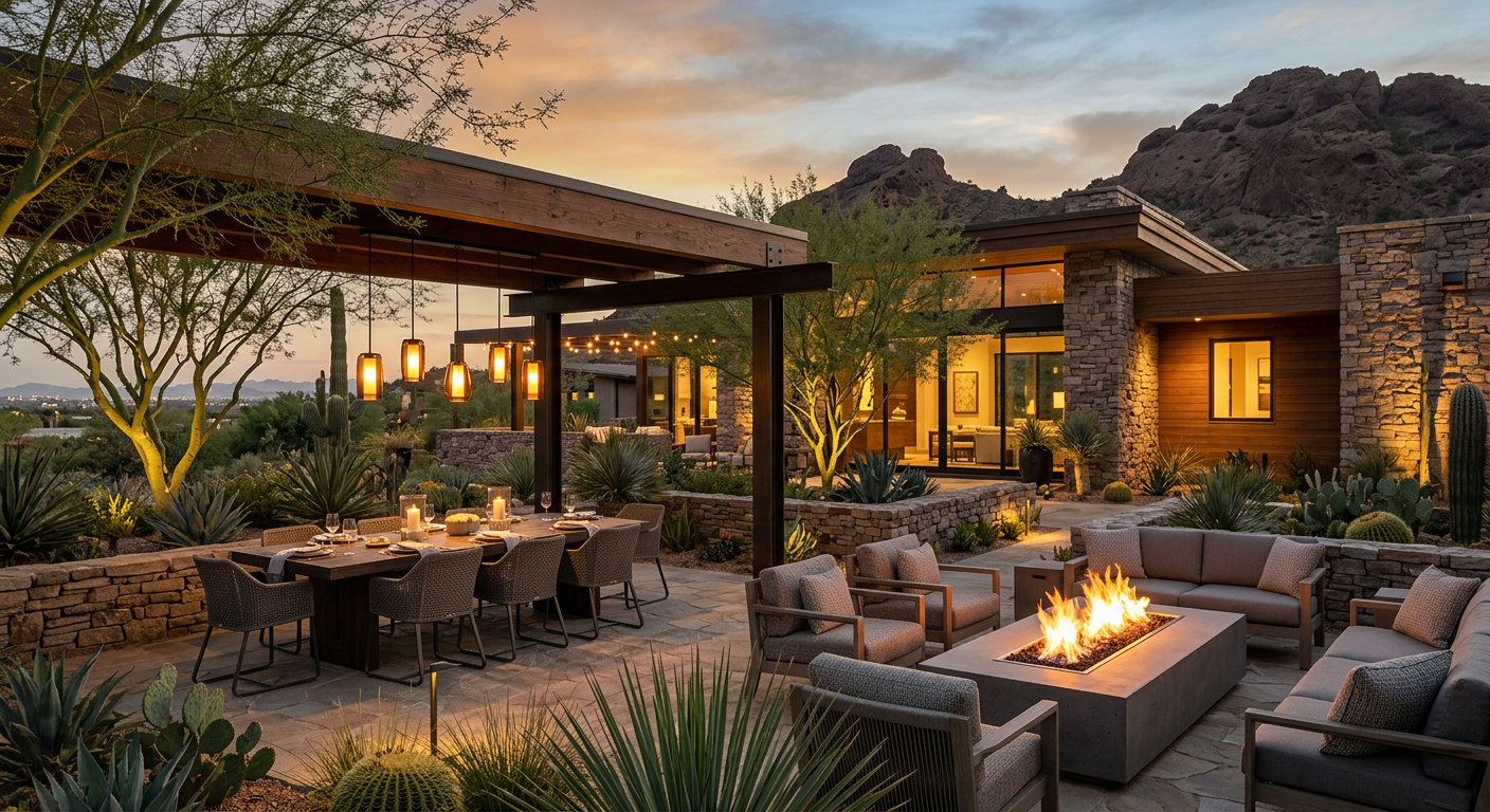 Photorealistic twilight scene at a high-end Tempe custom home, with a shaded outdoor dining terrace, modern fire feature, ...