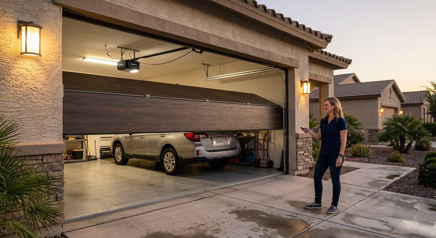 Garage Door Opener Installation in Gilbert: What to Expect 2 Photorealistic residential garage in Gilbert at early evening, with a modern sectional garage door smoothly opening beneat...