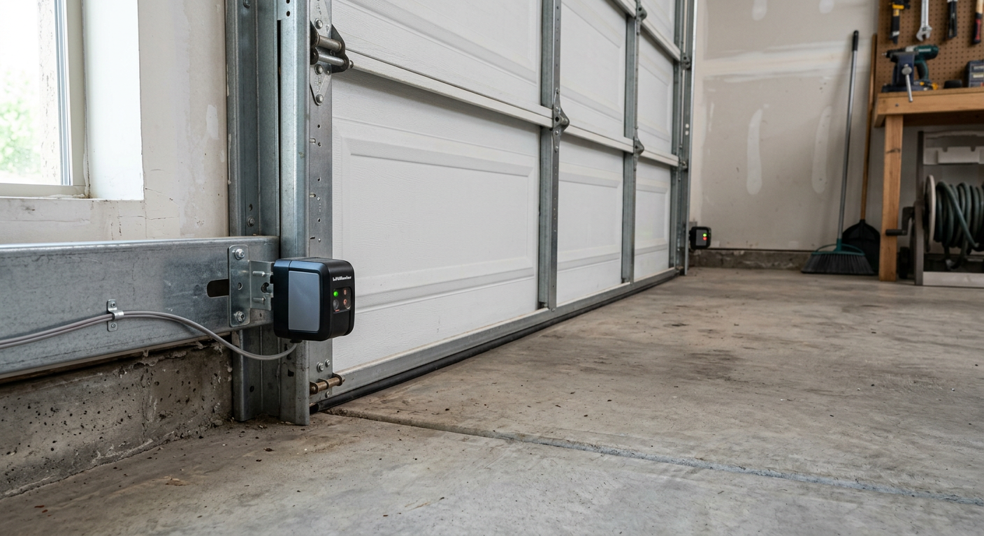 Garage Door Opener Installation in Gilbert: What to Expect 1 Photorealistic close-up inside a residential Gilbert garage showing correctly mounted photo-eye safety sensors on both sid...