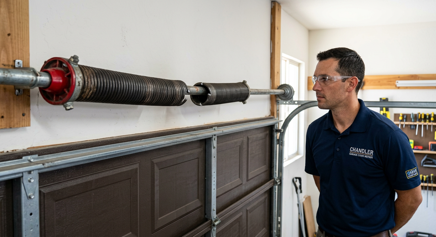 Photorealistic close-up inside a clean residential garage in Chandler, showing a broken torsion spring with a visible sepa...