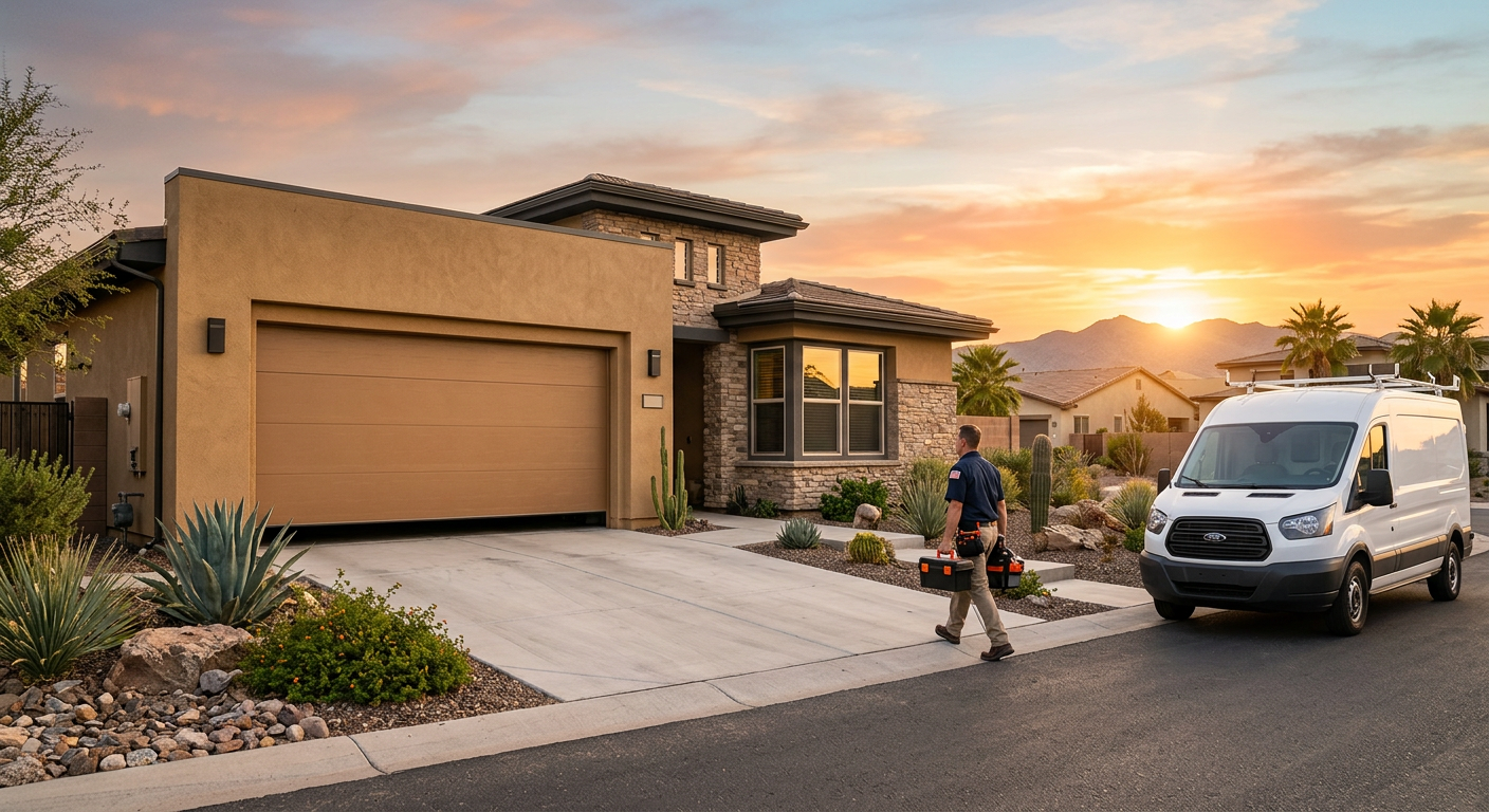 Photorealistic exterior scene of a repaired garage door closing evenly at a contemporary Mesa home, technician walking awa...