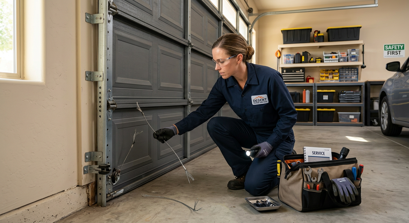 Photorealistic close-up inside a clean residential garage in Mesa, showing a technician in proper work clothes visually in...