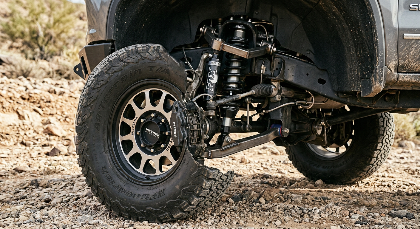Photorealistic close-up of a custom lifted Chevrolet Silverado 2500HD front suspension, black all-terrain tire, machined w...