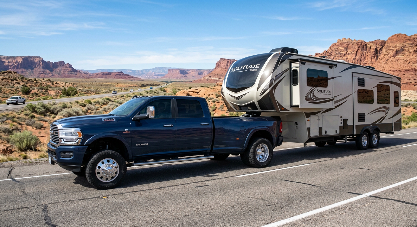 Photorealistic Ram 3500 dually towing a fifth-wheel camper on an open Arizona highway, moderate suspension lift, polished ...