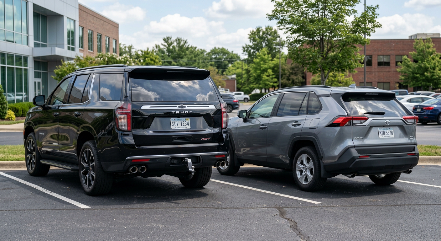 A photorealistic comparison scene with a black full-size SUV and a gray midsize SUV parked side by side outdoors, both vie...