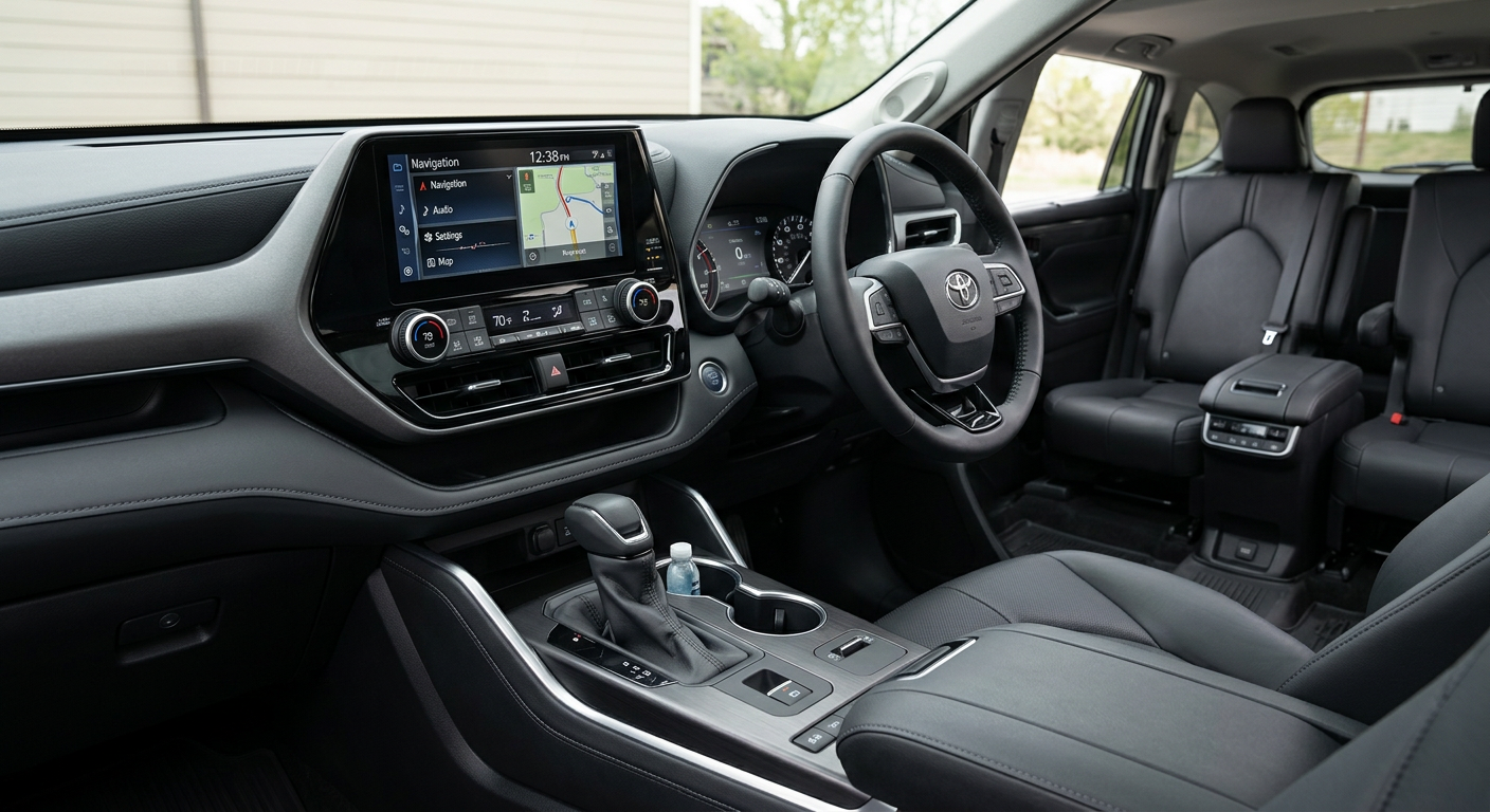A photorealistic close-up of an SUV interior showing a clean dashboard, infotainment display, climate controls, center con...