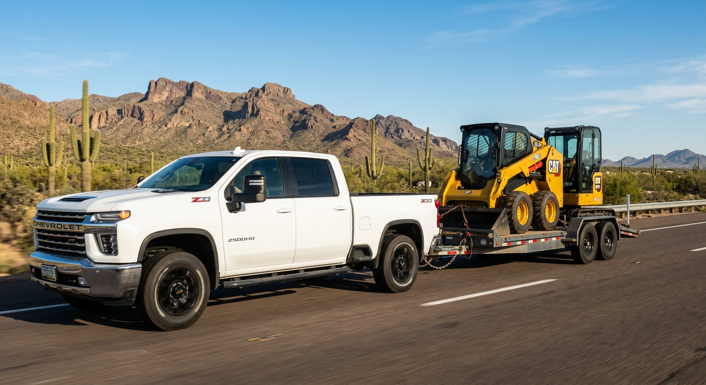 A white Chevrolet Silverado 2500HD towing a flatbed equipment trailer on an open Arizona highway, photorealistic automotiv...