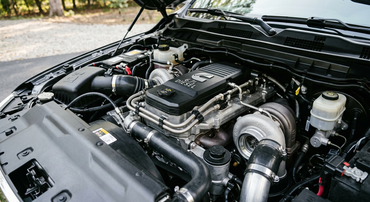 Close-up of a Ram 3500 Cummins diesel engine bay with clean hoses, metal components, and branded engine cover visible, pho...