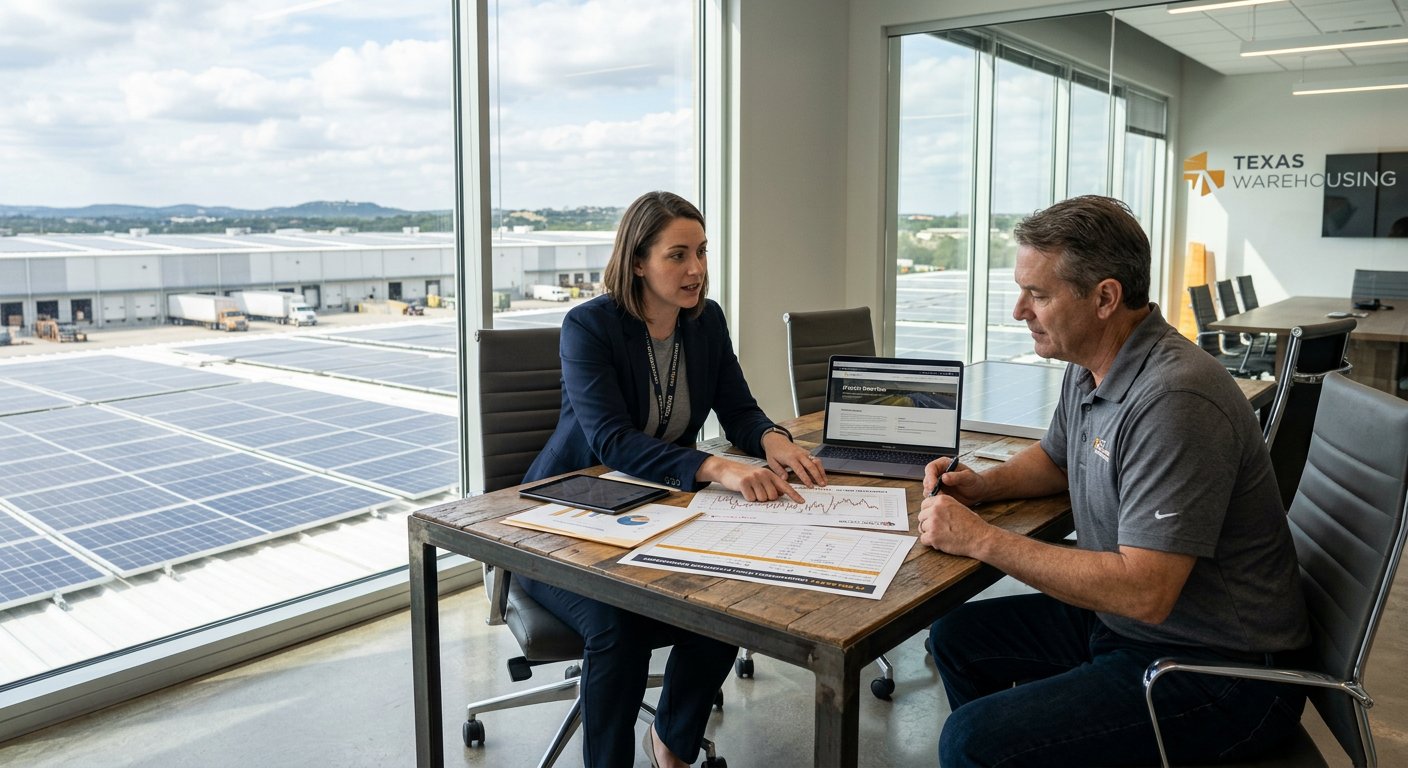 Photorealistic commercial solar consultant reviewing utility interval data and a tax-planning worksheet with a Texas busin...
