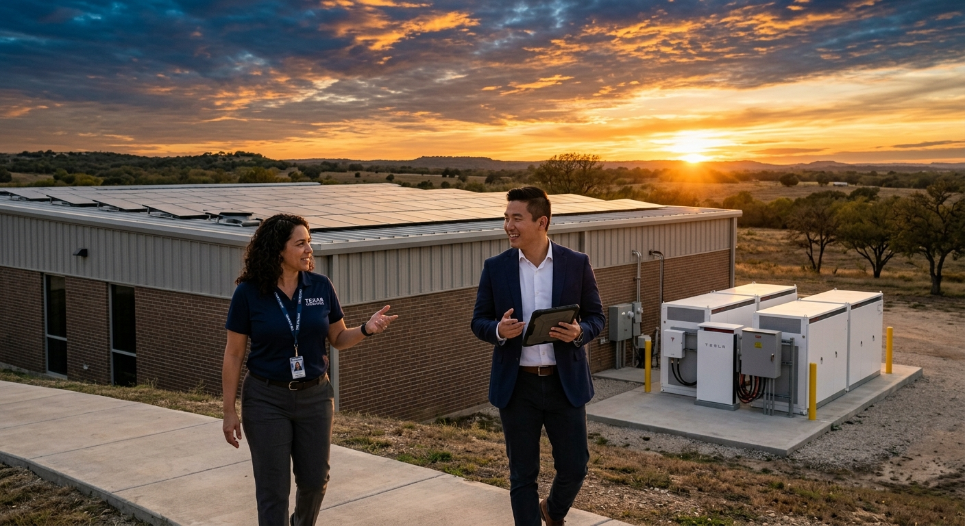 Photorealistic sunset view of a Texas commercial property with solar panels and a compact battery system, facility manager...