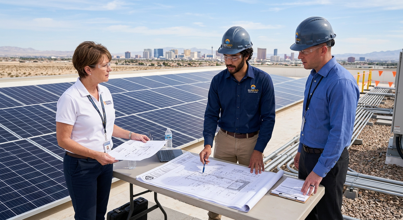 Photorealistic commercial solar project meeting on a Nevada rooftop, with a facility manager, solar engineer, and sales re...