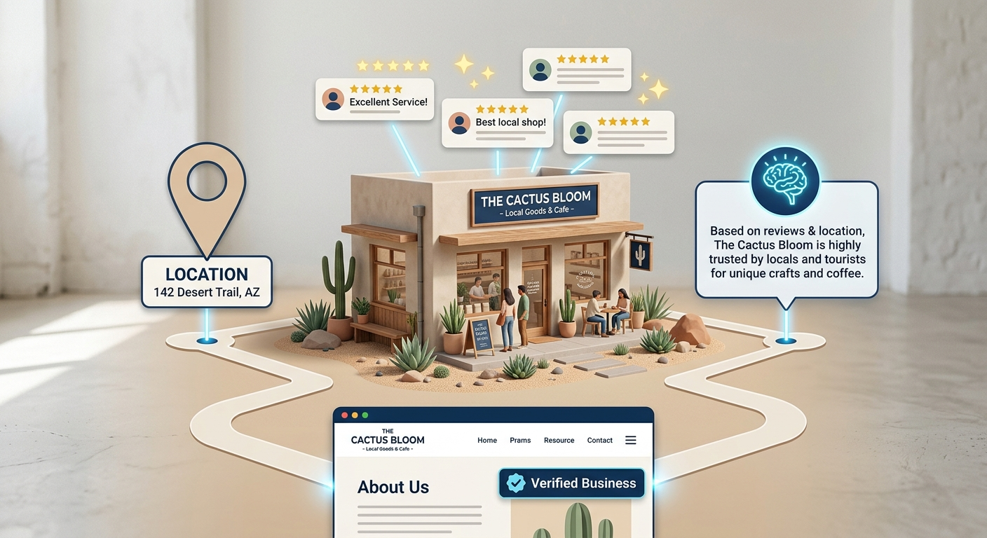 Modern illustrative scene showing a local business building connected trust signals, with a storefront, map pin, five-star...
