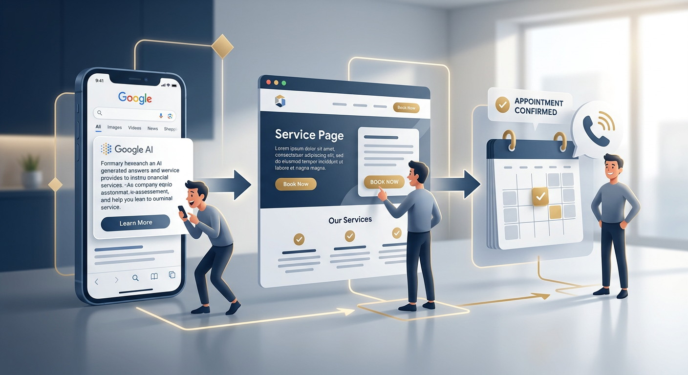 Clean modern illustration of a prospective customer moving from a Google AI answer through a service page to a scheduled a...
