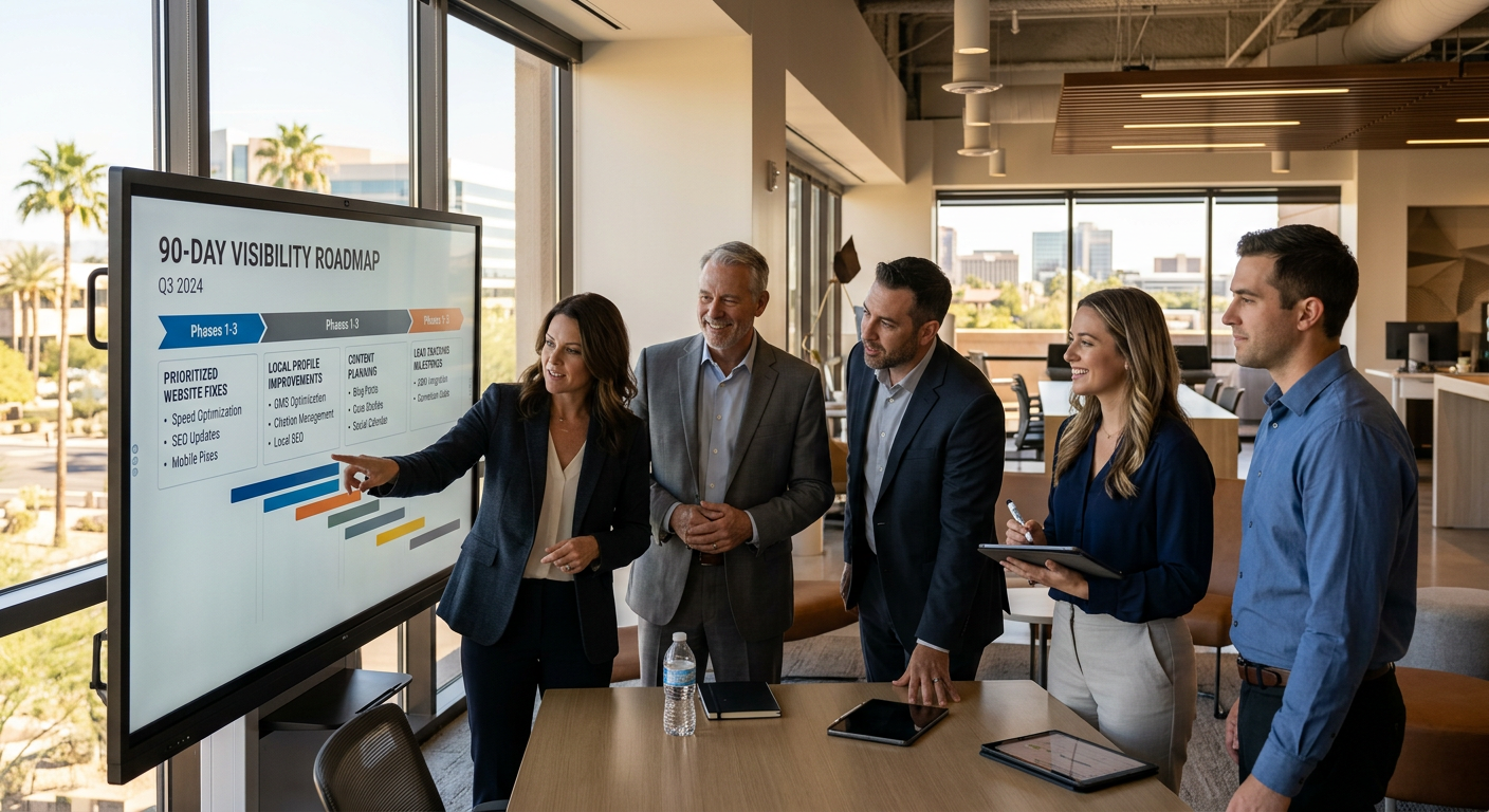 An executive team gathered around a 90-day visibility roadmap on a large digital screen, showing prioritized website fixes...