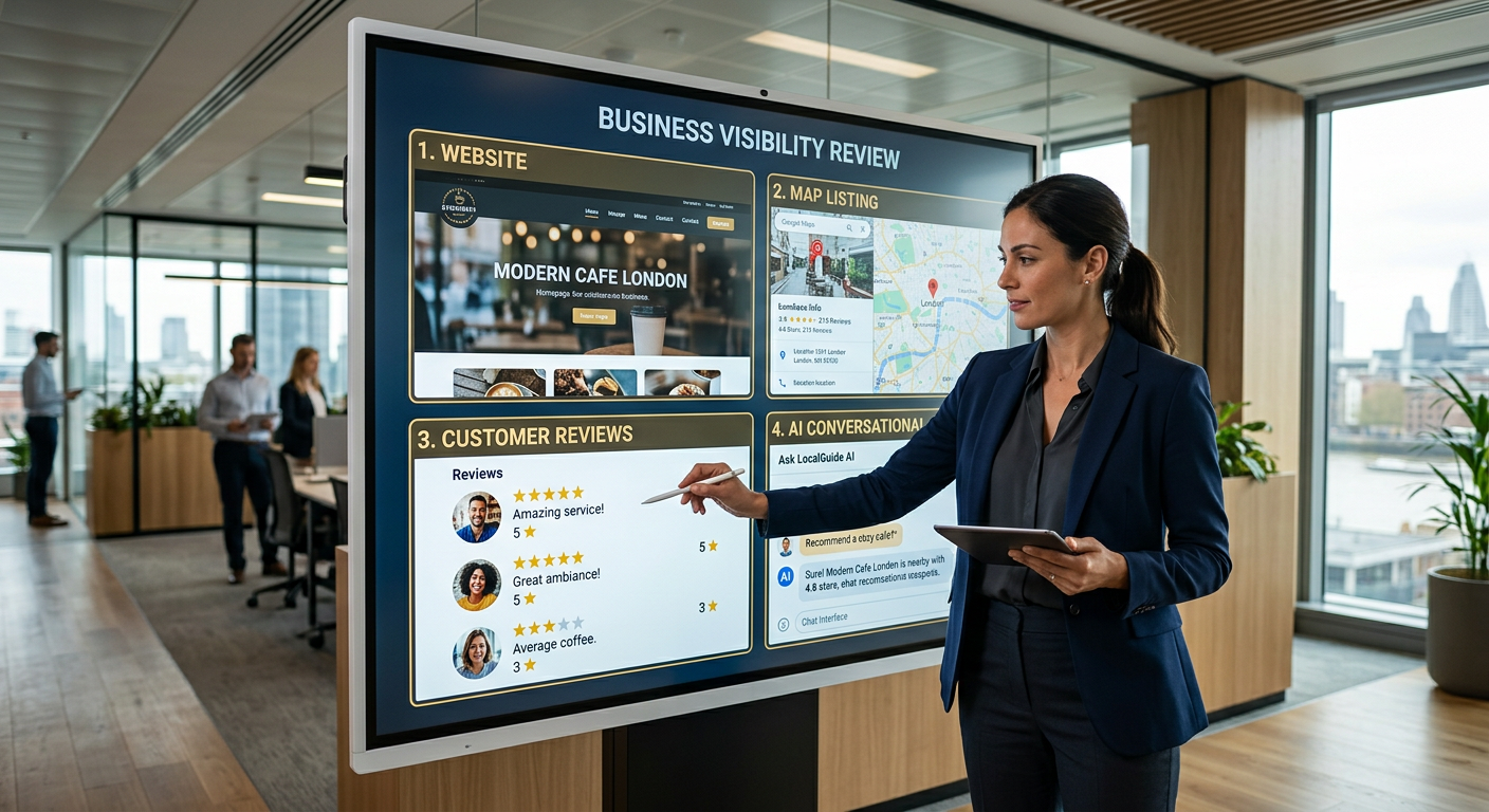 A clean modern illustration of a business visibility review, with a consultant comparing a website, map listing, customer ...