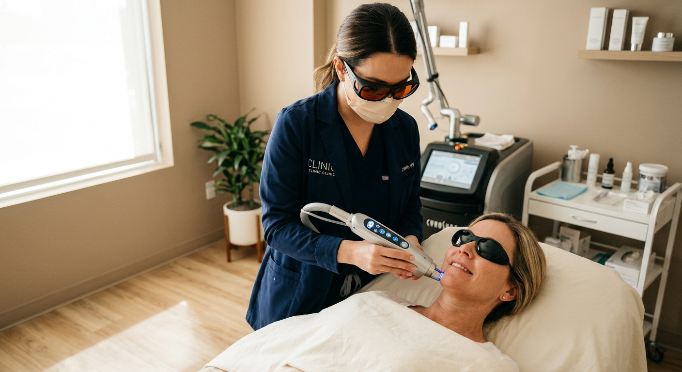 Facial Hair Removal for Women in Phoenix: Long-Term Solutions | Electrolysis Permanent Hair Removal in Phoenix | Senza Pelo Med Spa Photorealistic image of advanced laser hair removal treatment on an adult woman’s lower face and jawline in a polished med...