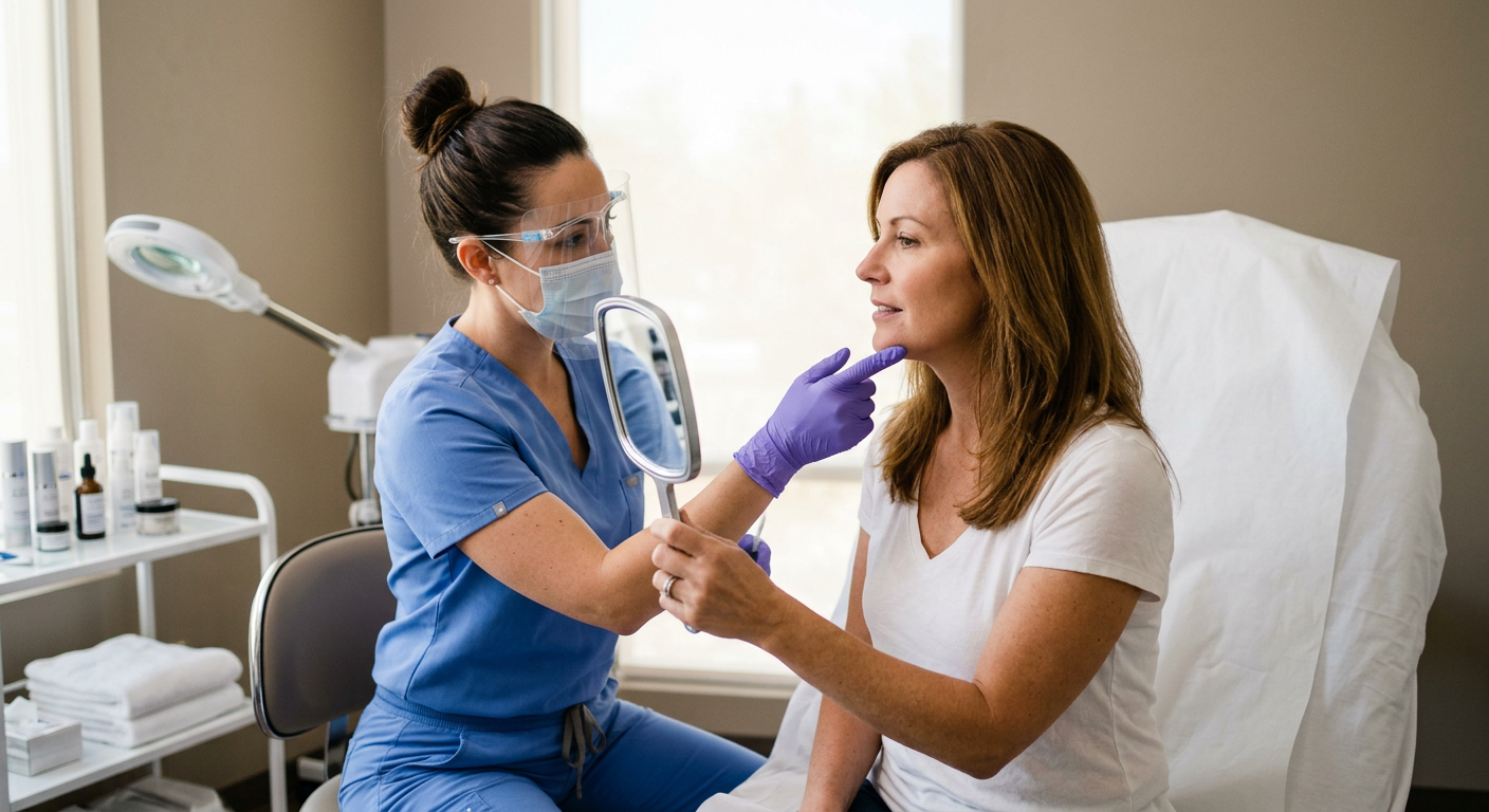 Facial Hair Removal for Women in Phoenix: Long-Term Solutions | Electrolysis Permanent Hair Removal in Phoenix | Senza Pelo Med Spa Photorealistic close-up of a skincare professional wearing gloves consulting with an adult woman in a clean Phoenix treatm...