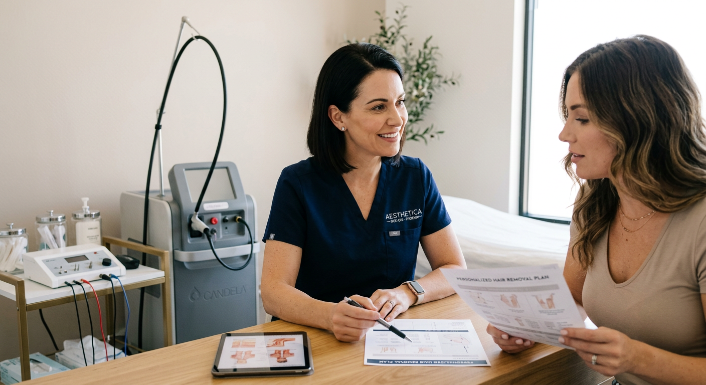 PCOS Hair Removal Treatment Phoenix: Lasting Options Explained | Electrolysis Permanent Hair Removal in Phoenix | Senza Pelo Med Spa Photorealistic close-up of a professional consultation showing a clinician reviewing a customized hair-removal plan with a...