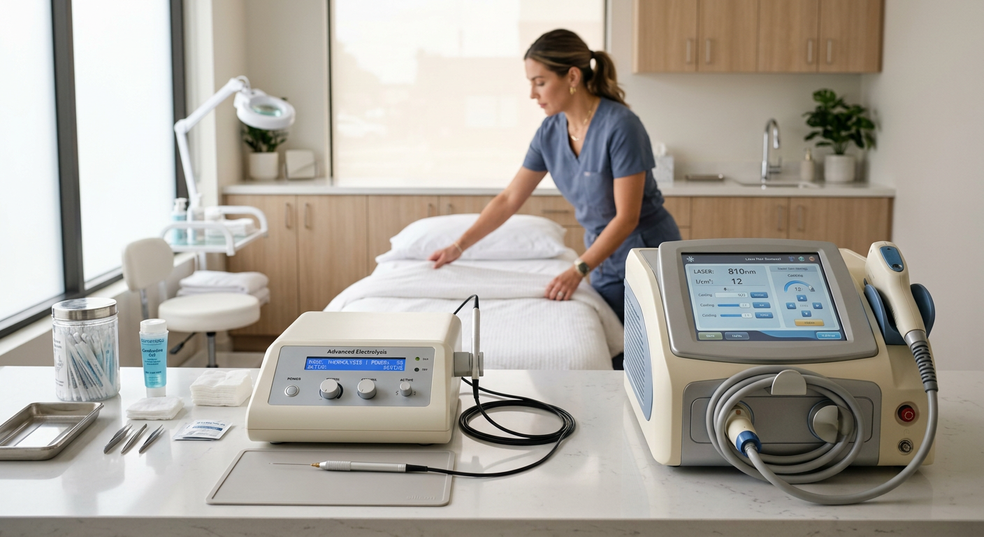 PCOS Hair Removal Treatment Phoenix: Lasting Options Explained | Electrolysis Permanent Hair Removal in Phoenix | Senza Pelo Med Spa Photorealistic close-up of modern electrolysis and laser hair-removal equipment on a clean treatment counter, with a clini...