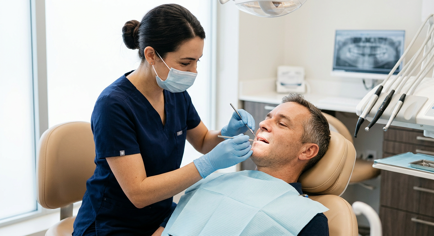 Photorealistic female dentist wearing navy scrubs gently performing a periodontal assessment for an adult patient in a com...