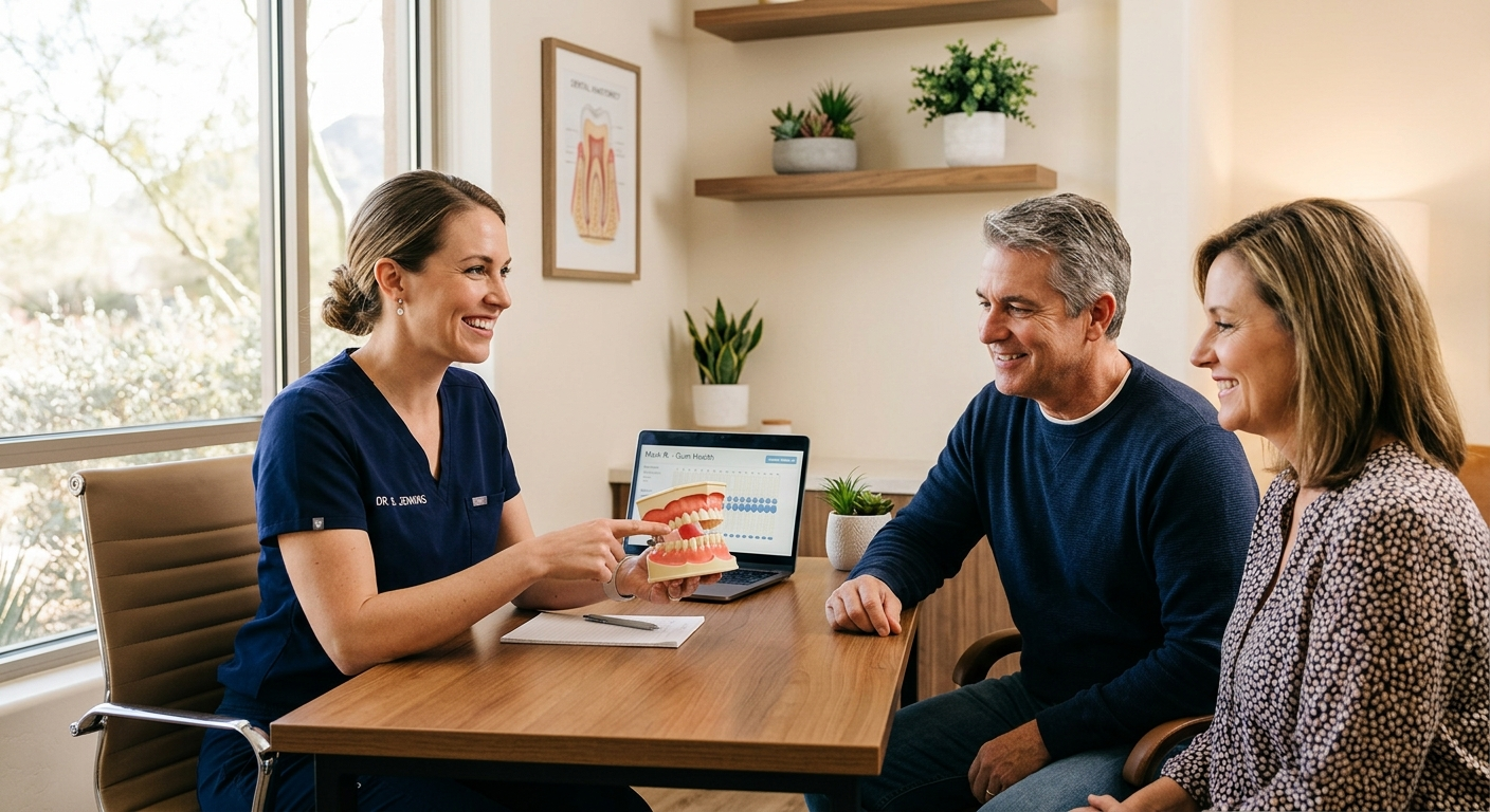 Photorealistic female dentist smiling as she explains a simple gum-health model to a middle-aged adult patient and spouse ...