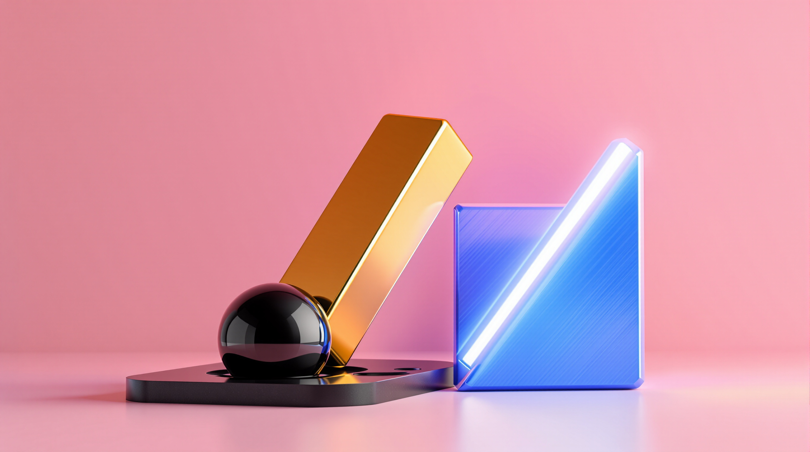 a sculptural trio: a polished metallic gold bar (elevated and leaning upward), a glossy black oil sphere/droplet partially sliding down a matte black — editorial cover artwork for the Knightron story on Tech Lifts Nasdaq As Crypto Rallies; Oil Slides, Gold Advanc