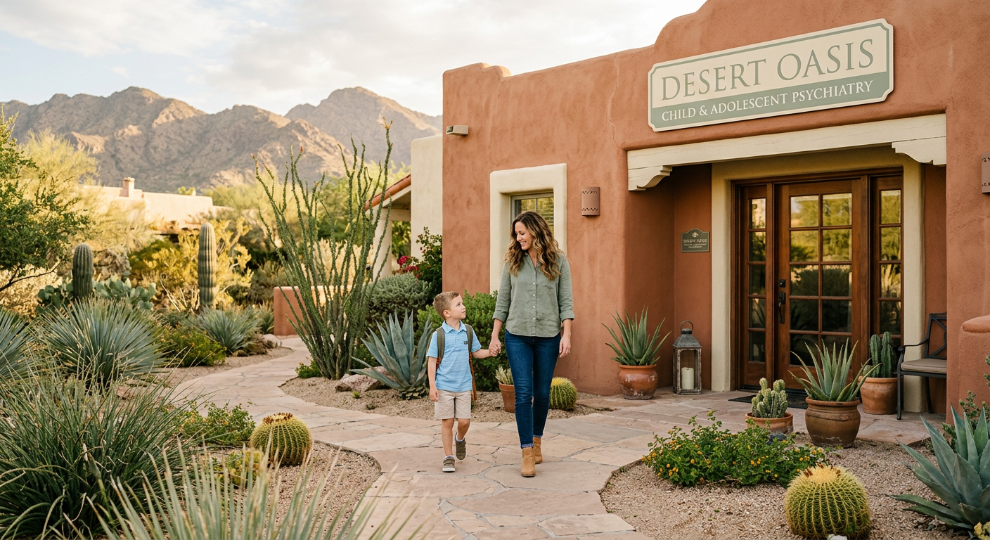 Warm, realistic illustration of a child and parent walking toward a calm child psychiatry office in Scottsdale, with subtl...